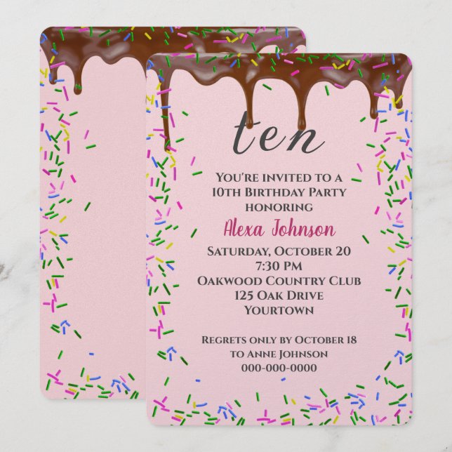10:e födelsedagen med chokladfärgning och sprinkle inbjudningar (Fram/baksida)