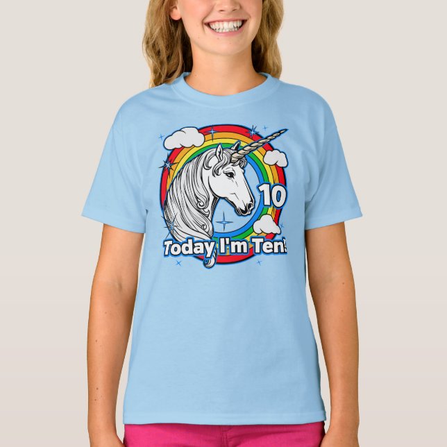 10:e födelsedagen regnbåge Unicorn Idag är jag tio T Shirt (Framsida)