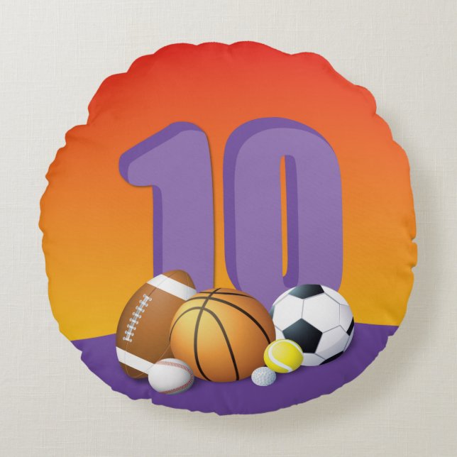 10:e födelsedagen Sports Bollar Rund Kudde (Framsidan)