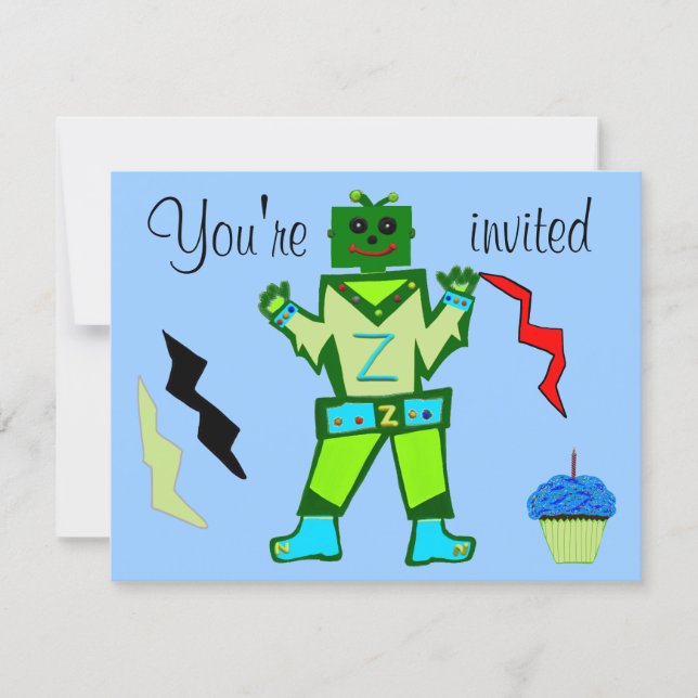10:e födelsedagsdagen Grönt Robot Boy and Spaceshi Inbjudningar (Framsida)
