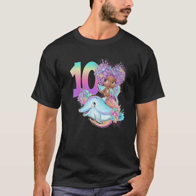 10:e födelsedagsdagen Sjöjungfru Ten Black Girl Ma T Shirt (Framsida)