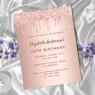 10:e födelsedagsfesten ro guld glitter rosa vykort