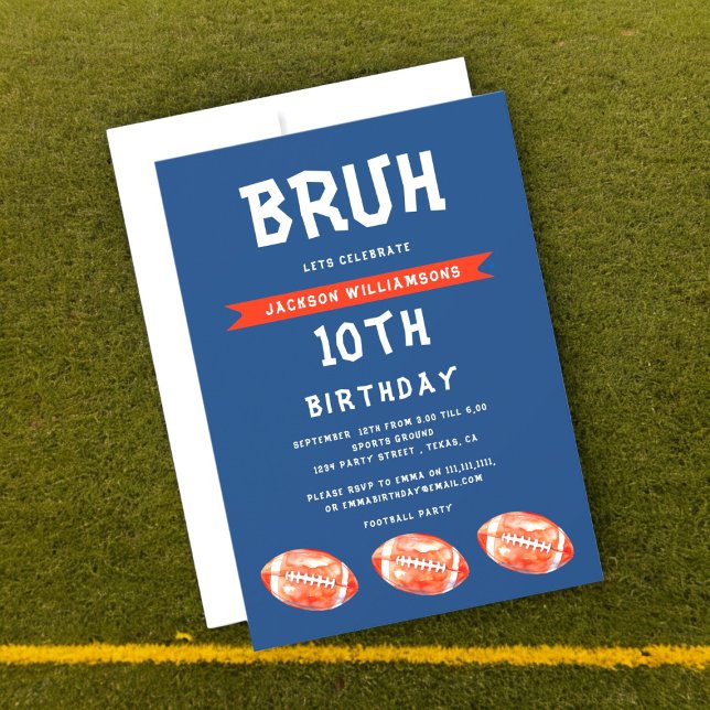 10:e födelsedagsinbjudan, modern slang bruh inbjudningar (modern football boys birthday invitation , with the slogan bruh lets celebrate , fully personalized )