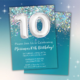 10:e födelsedagsinbjudan Teal Silver Glitter Inbjudningar