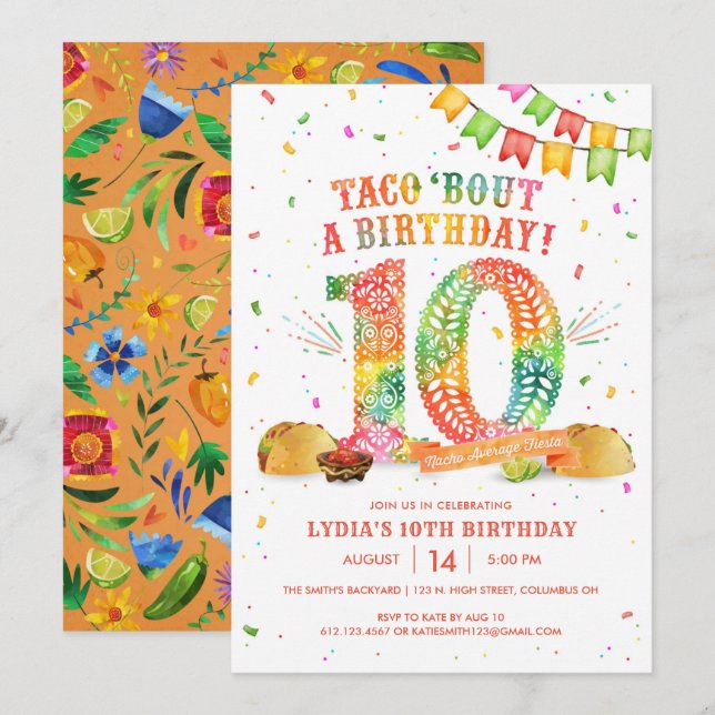 10:e födelsedagsinbjudan till Fiesta Inbjudningar (Fram/baksida)