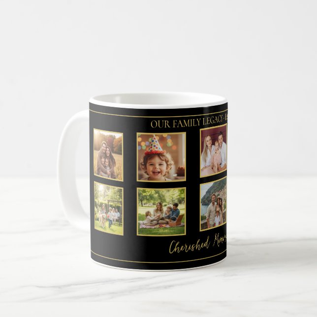 10 Family Photo Collage Elegant Black and Gold Mug Kaffemugg (Framsida vänster)