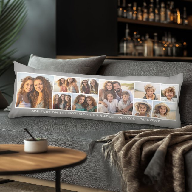 10 Foto Collage Grid - Anpassningsbar Text runt Gr Kroppskudde (Body Pillow with Photo Collage)