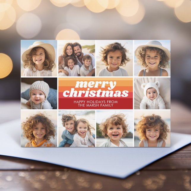 10 Foto Gräns - God jul Retro Line Art Julkort (Retro Stripe Christmas Card with 10 Photos - Vibrant Sunset Colors - Print and Download Option)