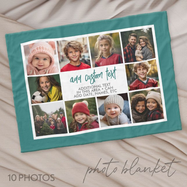 10 Foto Ram med text i mitten - turkos  Fleecefilt (Custom Photo Blanket with Lots of Photos)