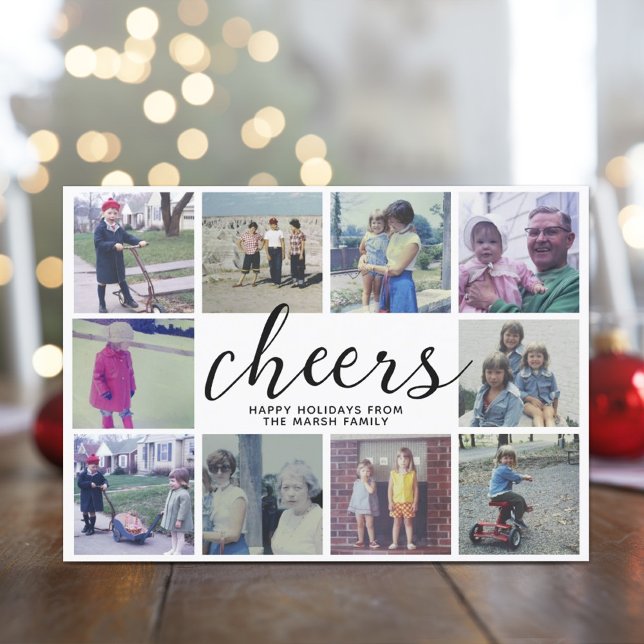 10 Fotokollage Cheers med Black Grått Rand Julkort (10 Photo Holiday Greeting Card)