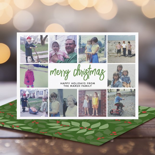 10 Fotokollage - God jul Grönt botaniskt Julkort (Modern online Christmas Card with 10 Photos and botanical back - download option)
