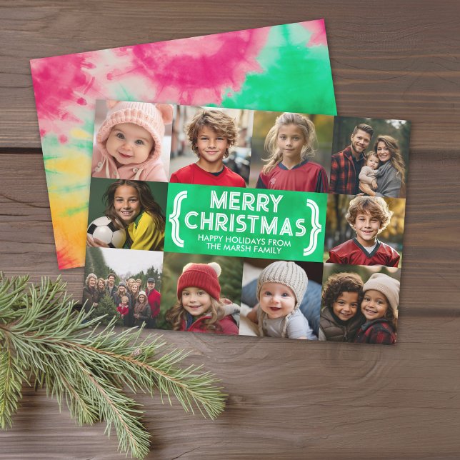 10 Fotokollage - God jul Mod Tie Die Julkort (Modern online Christmas Card with 10 Photos and tie dye accents for the greeting - download option)