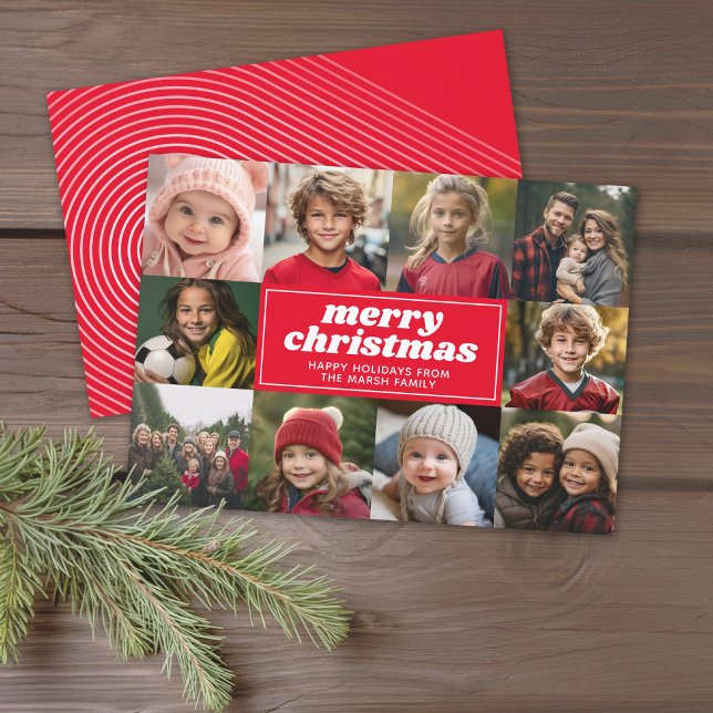10 Fotokollage - God jul Red Line Art Julkort (Modern online Christmas Card with 10 Photos and a bounce script for the greeting - download option)