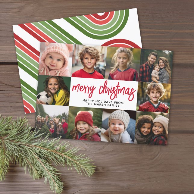 10 Fotokollage - God jul Retro Rand Julkort (Modern online Christmas Card with 10 Photos and a bounce script for the greeting - download option)