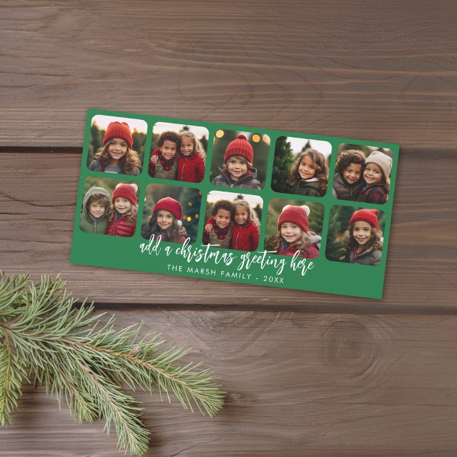 10 Fotokollage - Minimalt God jul - grönt Julkort (Holiday Photo card with 10 Photo Collage. Download Option Available. Red Accents)