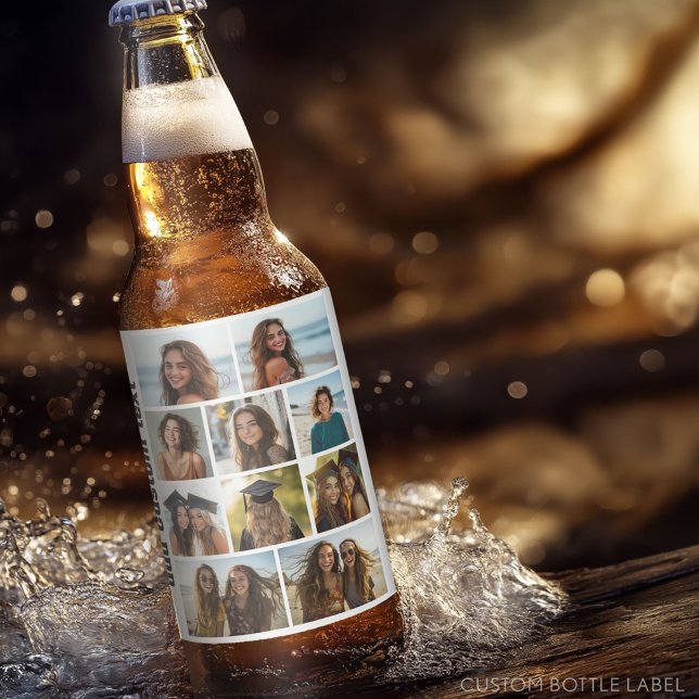 10 Fotokollage - vit bakgrundssvart text Ölflaska Etikett (Custom Photo Collage on a Food and Beverage Label)