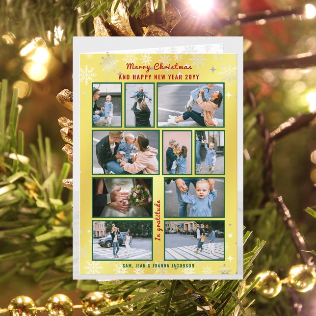 10 Foton Collage Cute Elegant Golden Personlig Helgkort (Merry Christmas Happy New Year, In Gratitude Golden Modern Cute 10 Photos Collage What a Year Letter)