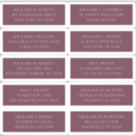10 individuella gästplommon Namn Adress Klistermärken<br><div class="desc">10 enskilda Guest Mystical Plum Guld Wedding Stickers i Namn har 10 klistermärken med din gäst namn och adress på varje klistermärke i guld-skript på plommonbakgrunden. Även perfekt för jul och Helgdagskort, partiinbjudningar, tack för kort och kontorsutskick. Redigera bara texten i textrutorna. OBS! KONTROLLERA ATT KLICKA LAKAN STORLEKT FÖR ETIKETTEN...</div>