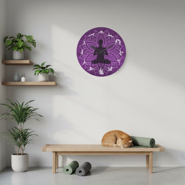 10" Lila Mandala med yogaställningar Väggur (Purple wall clock with yoga poses.)