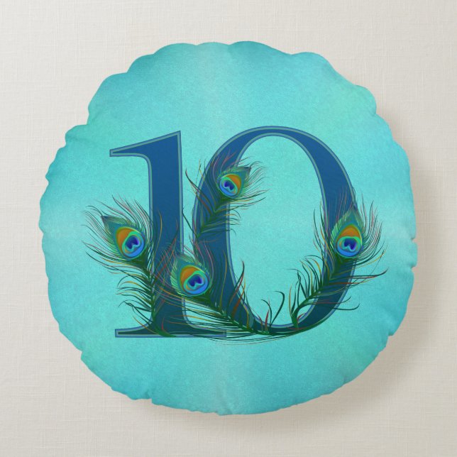 10 Påfågelsfjäder Jubileum Elegant Rund Kudde (Framsidan)