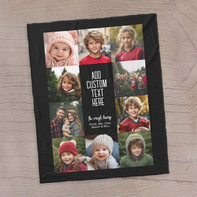 10 Photo Collage Gräns - Centrera vita textblock Fleecefilt (10 photo personalized fleece blanket with a message in the middle)