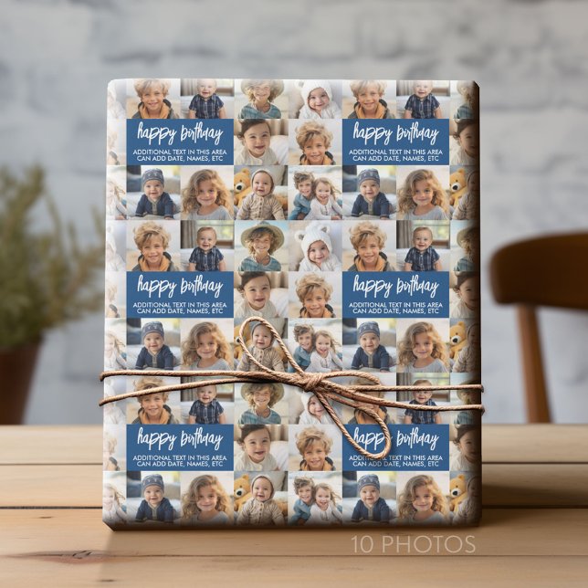 10 Photo Gräns Birthday Text Center - Blue Presentpapper (Custom Photo Collage Wrapping Paper - All Occasion)