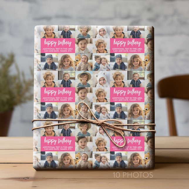10 Photo Gräns Birthday Text Center - Rosa Presentpapper (Custom Photo Collage Wrapping Paper - All Occasion)