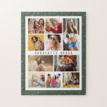 10 Photo Modern Stars Snyggt Grönt Namn Pussel<br><div class="desc">10 Photo Modern Stars Snyggt Grönt Namn Jigszawa Puzzle har tio av dina favoriter bilder för att du snabbt och enkelt ska kunna lägga till din egen fotokollage. Anpassa med ditt namn och omgiven av en enkel stjärna mönster på gröntens bakgrund. Gör en perfekt till jul, födelsedagar, Mors dag, systrar,...</div>
