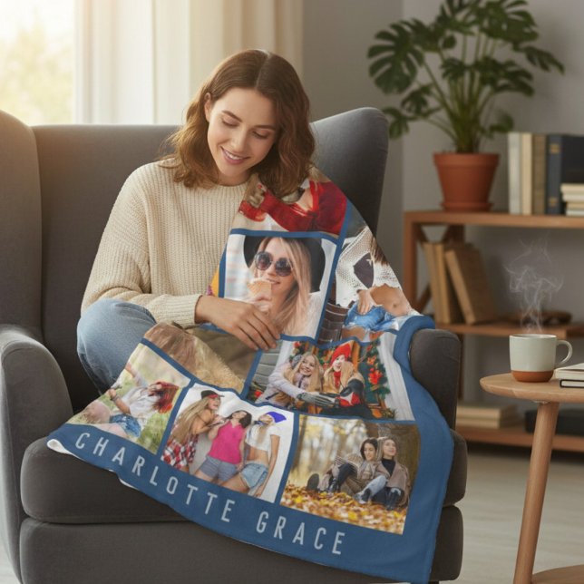 10 Photo Simple Modern Minimal Blue Snyggt Namn Fleecefilt (Skapare uppladdad)