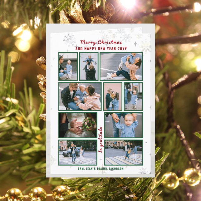 10 Photos Collage Brev Cute Elegant Personlig Helgkort (Merry Christmas & Happy New Year, In Gratitude Modern Cute 10 Photos Collage What a Year Long Letter)