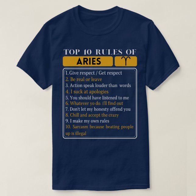 10 Regler av Aries Aries Aries Horoscope Zodiac Fa T Shirt (Design framsida)