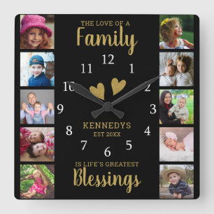 10 Square Photo Collage Family Quote Black Guld Fyrkantig Klocka