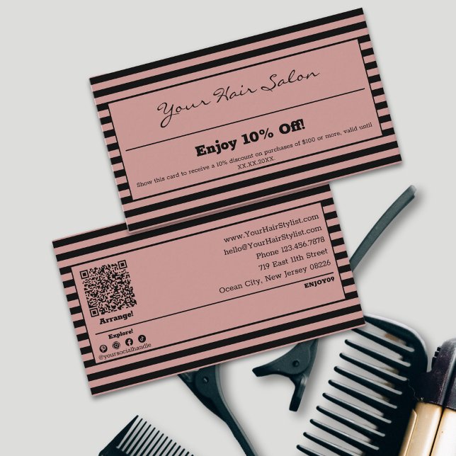 10 % stripe-Professionell med snyggt Rabattkort (Stylish Professional Striped Hairstylist 10% Discount Card, Terms, QR code, Social, Tracking)