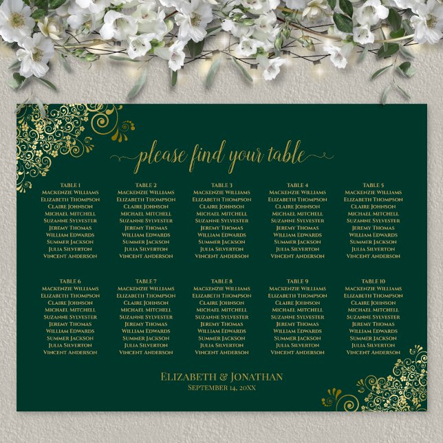 10 Table Wedding Seating Chart Emerald Green Gold Poster (In Situ on Wall with Flowers)