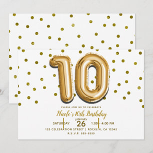 10 Tio Guld Ballong Konfetti 10-års Födelsedagsfes Inbjudningar