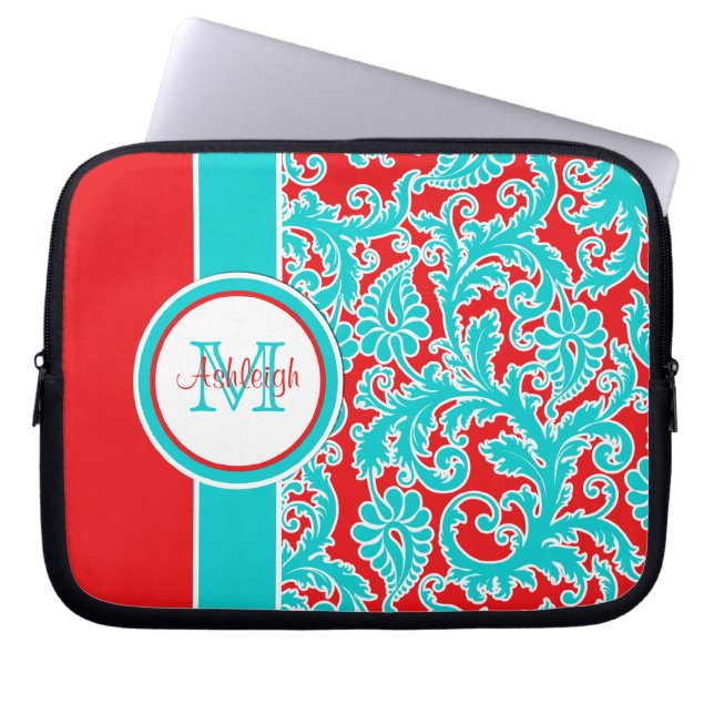 10-tums Blue White Monogram Damask Laptop sleeve (Framsidan)