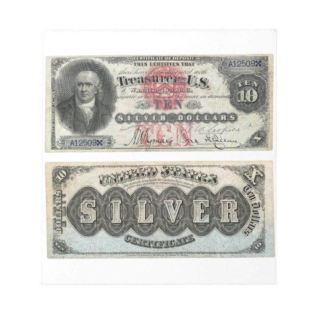 $10 U.S. Silver-sedelcertifikat 1878 Anteckningsblock (Framsida)