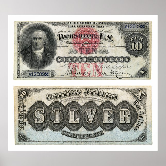 $10 U.S. Silver-sedelcertifikat 1878 Poster (Framsidan)