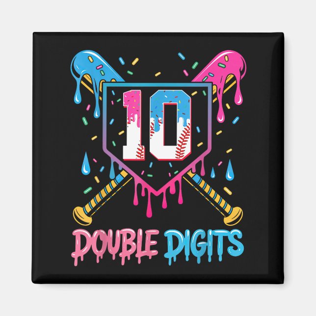 10 Year Old Baseball Drip Ice Cream 10th Bday Doub Magnet (Framsidan)