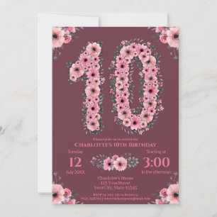 10th Big Birthday Girl Rosa Flowers Grönt Foliage Inbjudningar