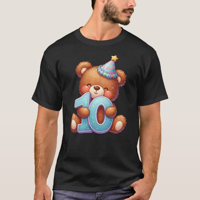 10th Birthday Happy Birthday Brown Teddy Bear T Shirt (Framsida)