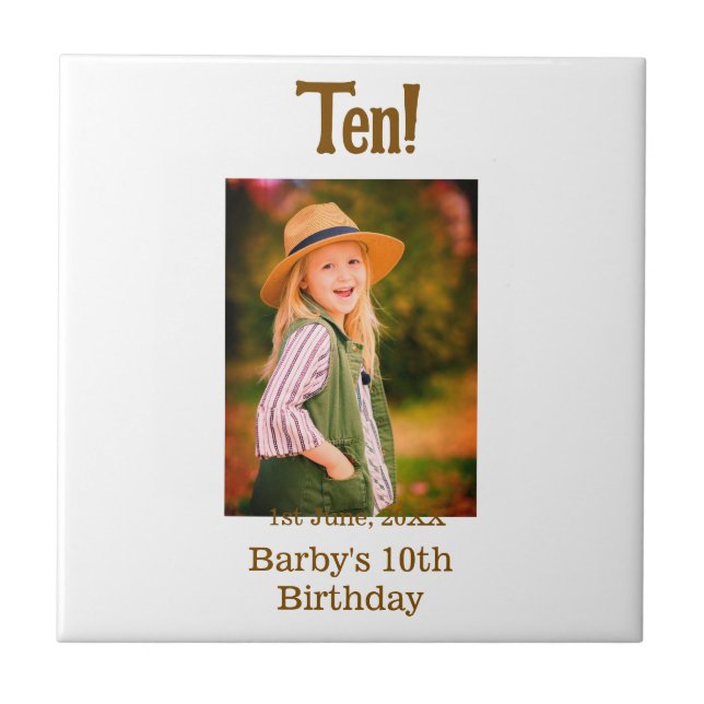 10th birthday photo name date simple brown beige b kakelplatta (Framsidan)