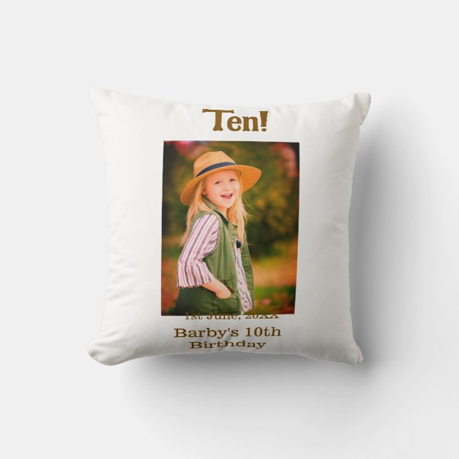 10th birthday photo name date simple brown beige b kudde (Framsida)