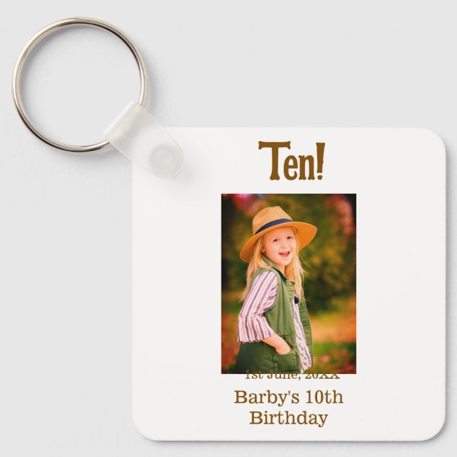 10th birthday photo name date simple brown beige b nyckelring (Framsida)