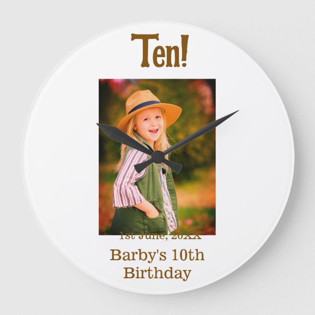 10th birthday photo name date simple brown beige b stor klocka (Framsida)