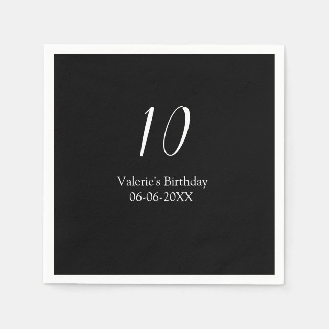 10th birthday white black name date calligraphy  pappersservett (Framsidan)