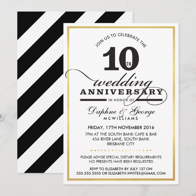 10TH BRÖLLOP ANNIVERSARY classy snyggt guld black Inbjudningar (Fram/baksida)