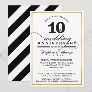 10TH BRÖLLOP ANNIVERSARY classy snyggt guld black Inbjudningar