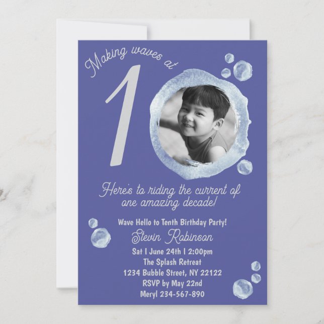 10th Indigo Blue Bubble Birthday Party Invitation Inbjudningar (Framsida)