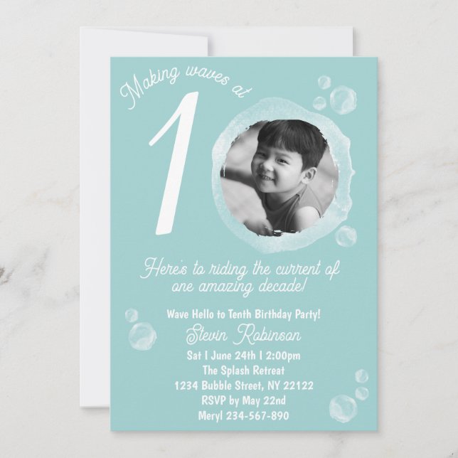 10th Pale Teal Blue Bubble Birthday Party  Inbjudningar (Framsida)